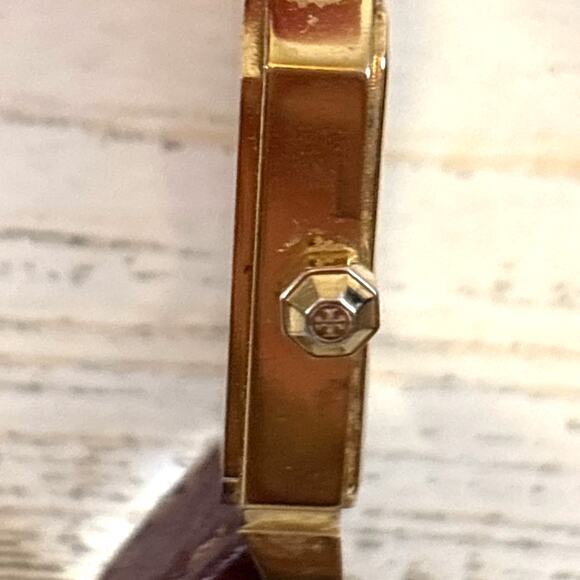 Tory Burch Robinson TBW1503 Womens Brown Leather Gold Crystal Rectangular Watch